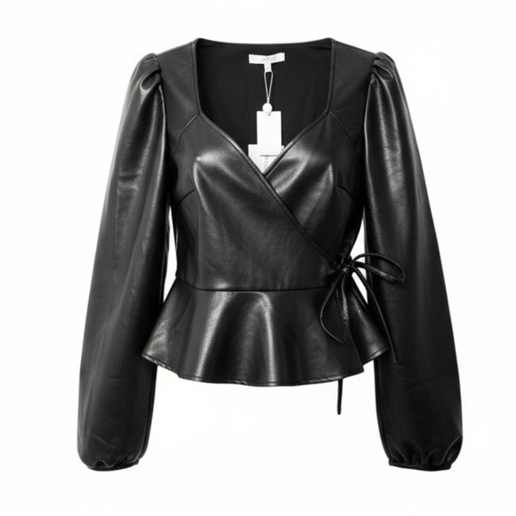 Wayf Tops - WAYF Women’s Y2K‎ Faux Leather Wrap Top Moto Wester Sz. Small Black Long Sleeve